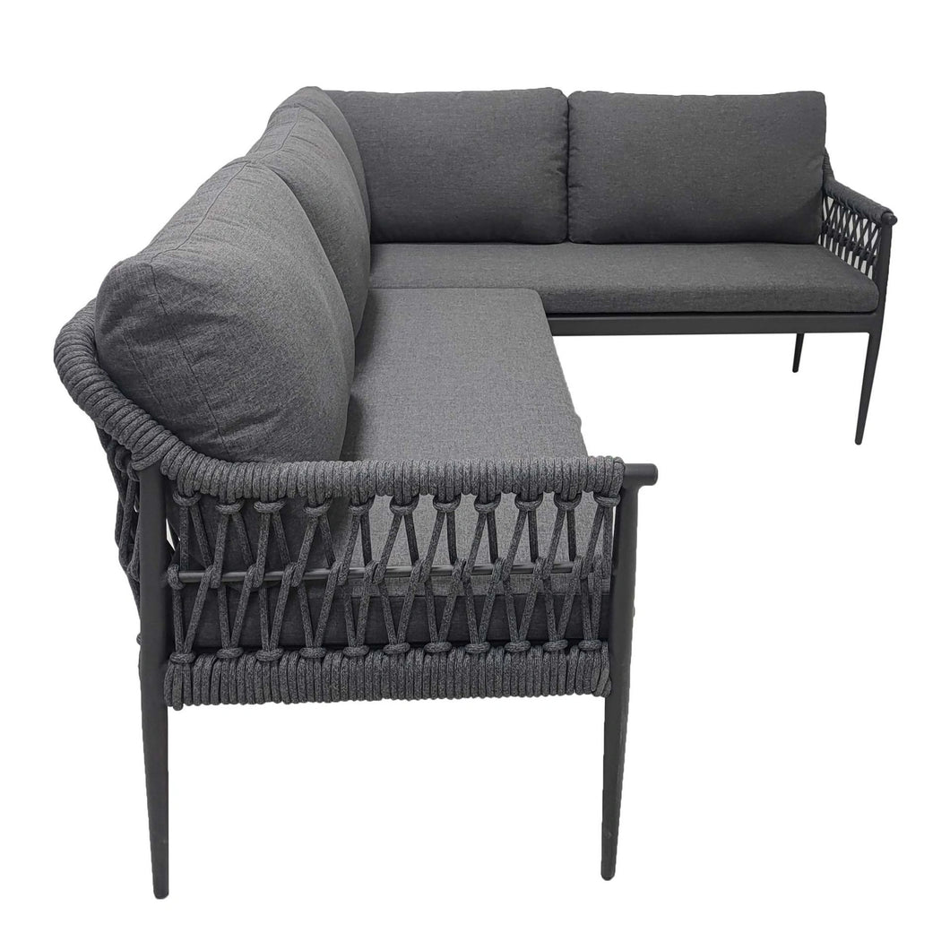 Camden rope outdoor sofa sectional view with premium cushions