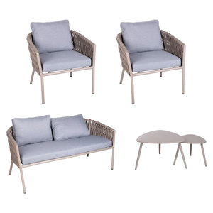 Complete Eden 4-piece rope outdoor sofa set with dual center tables and lounge chairs