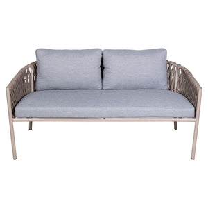 Front view of Eden 2-seater outdoor sofa with soft weather-resistant cushions and rope detailing