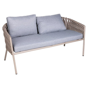 Front view of Eden 2-seater outdoor sofa with soft weather-resistant cushions and rope detailing