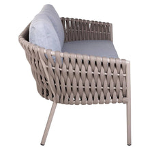 Load image into Gallery viewer, Side view of Eden outdoor sofa showcasing premium handwoven rope design and grey cushions
