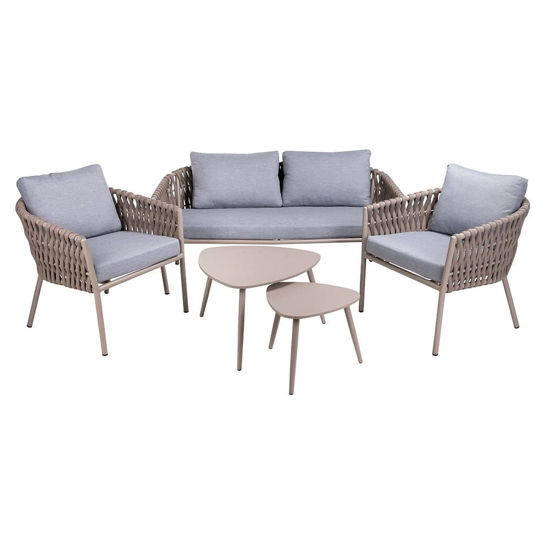Complete Eden 4-piece rope outdoor sofa set with dual center tables and lounge chairs