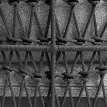 Load image into Gallery viewer, Close-up of handwoven rope detailing and grey seat cushions in Florence outdoor chair