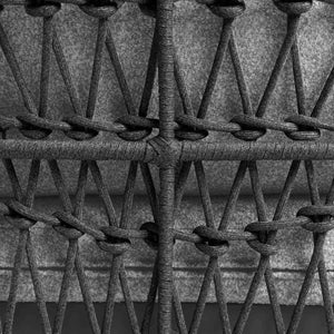 Close-up of handwoven rope detailing and grey seat cushions in Florence outdoor chair