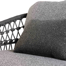 Load image into Gallery viewer, Close-up of handwoven rope detailing and grey seat cushions in Florence outdoor chair
