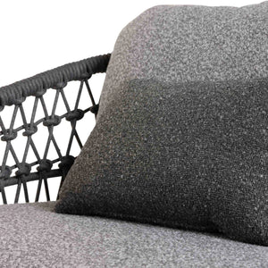 Close-up of handwoven rope detailing and grey seat cushions in Florence outdoor chair
