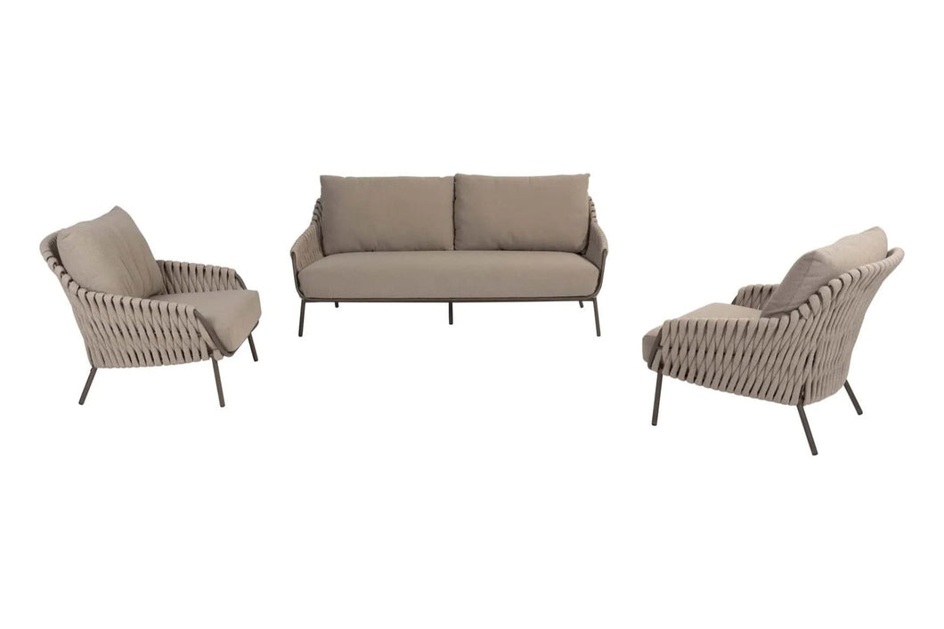 Lakeshire outdoor rope sofa set with two center tables on patio