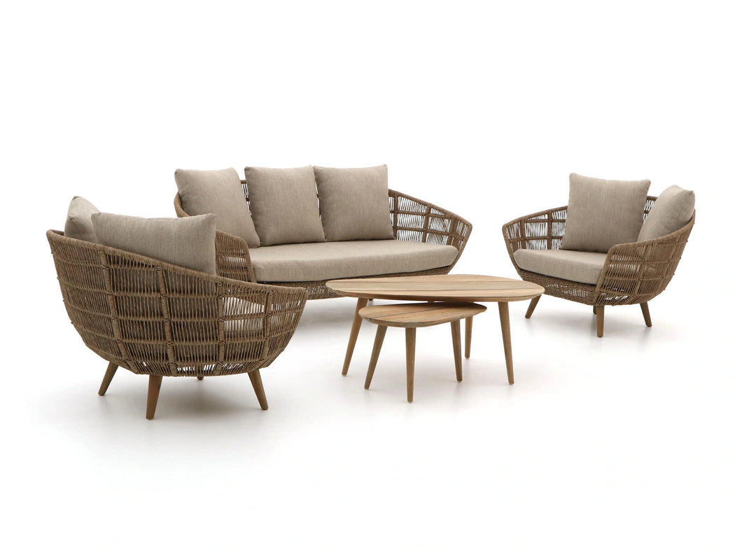 Mayfair Outdoor Sofa Set by Outdoor Studio – full view with 2+1+1 rope weave seating and teak wood twin tables