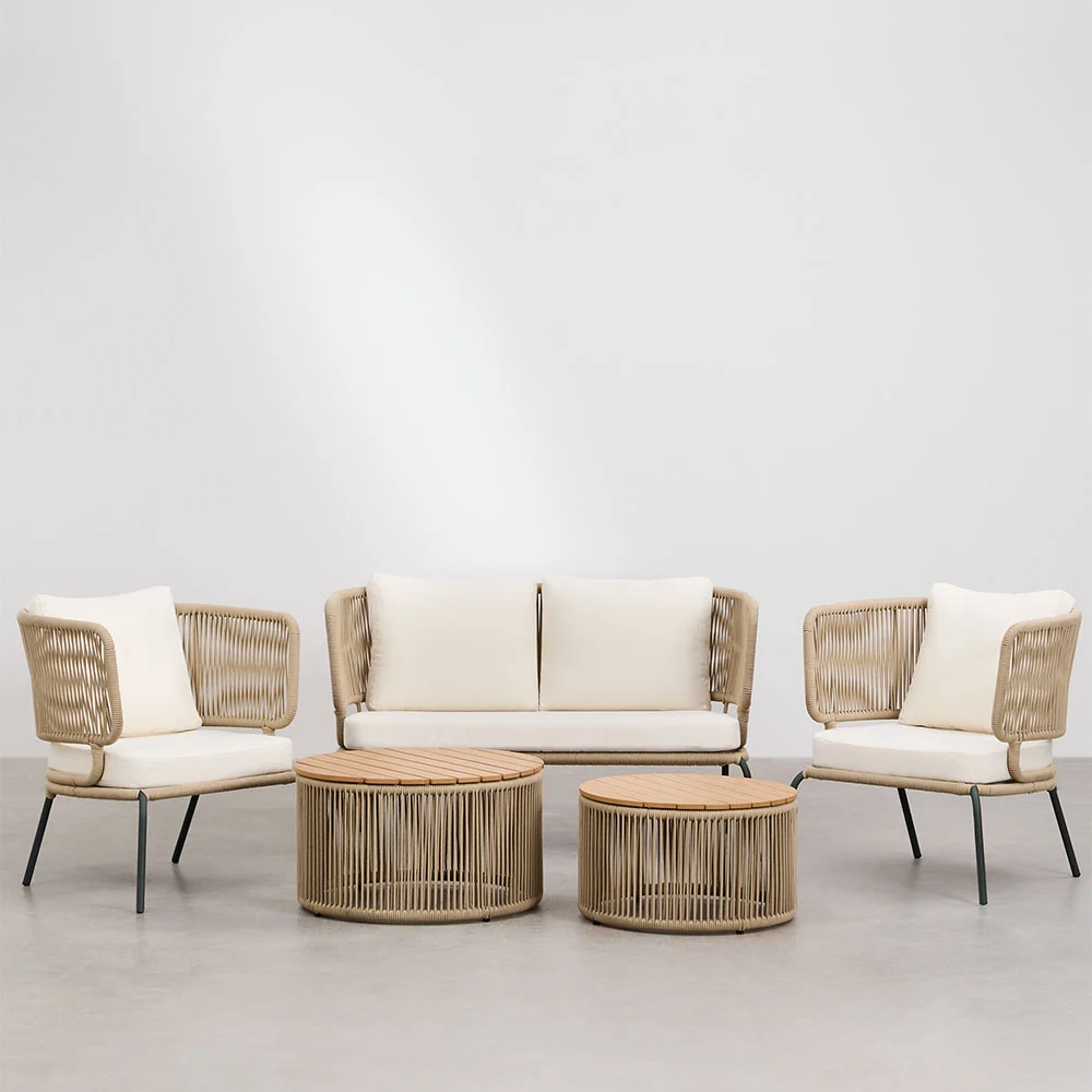 Complete Windsor outdoor furniture set with rope weave sofa, chairs, and glass center table